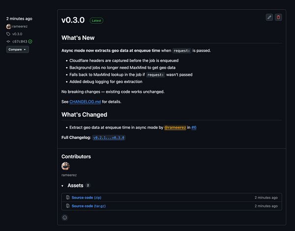 Screenshot of a terminal window showing the release process logs for the footprinted gem version 0.3.0 with CloudFlare GeoIP headers extraction feature.