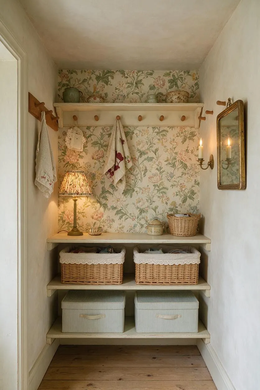 A narrow closet styled in cottagecore fashion with floral wallpaper, painted open shelves, wicker baskets, and fabric storage boxes. A small table lamp, hanging textiles, a mirror, and candle sconces create a warm, vintage-inspired feel.