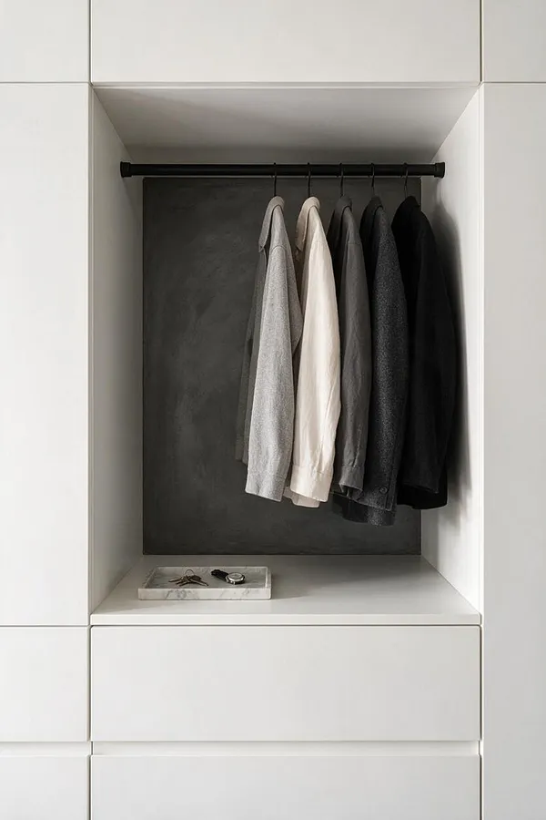 A minimalist closet alcove with matte white built-in cabinetry surrounding a dark recessed back panel. A black hanging rod holds several neutral jackets in gray, cream, and black, with a small marble tray on the shelf below.