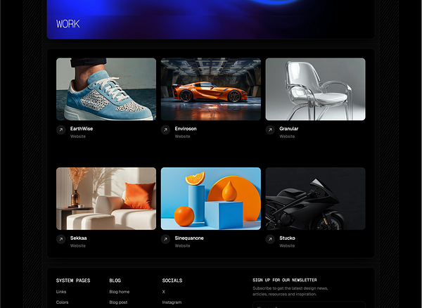 The image displays a portfolio layout showcasing various design projects with a modern aesthetic.