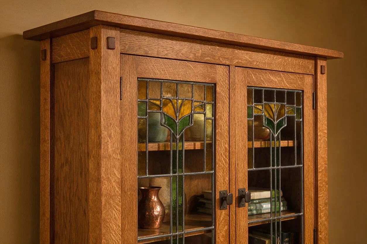 A warm oak Craftsman-style cabinet with a flat overhanging top and two front doors framed in decorative leaded glass. The glass panels feature a geometric floral motif with amber, green, and clear sections, revealing shelves inside with books and small decor objects.