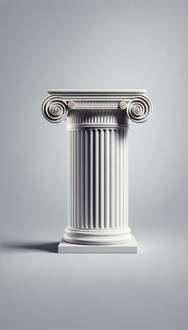 a classic white column with vertical fluted grooves against a soft grey background, displaying the texture and shadowing effect of the flutes