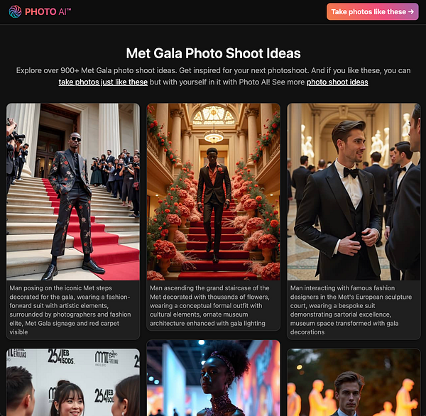 The image features a collage of Met Gala photo shoot ideas showcasing stylish individuals in various elegant settings.