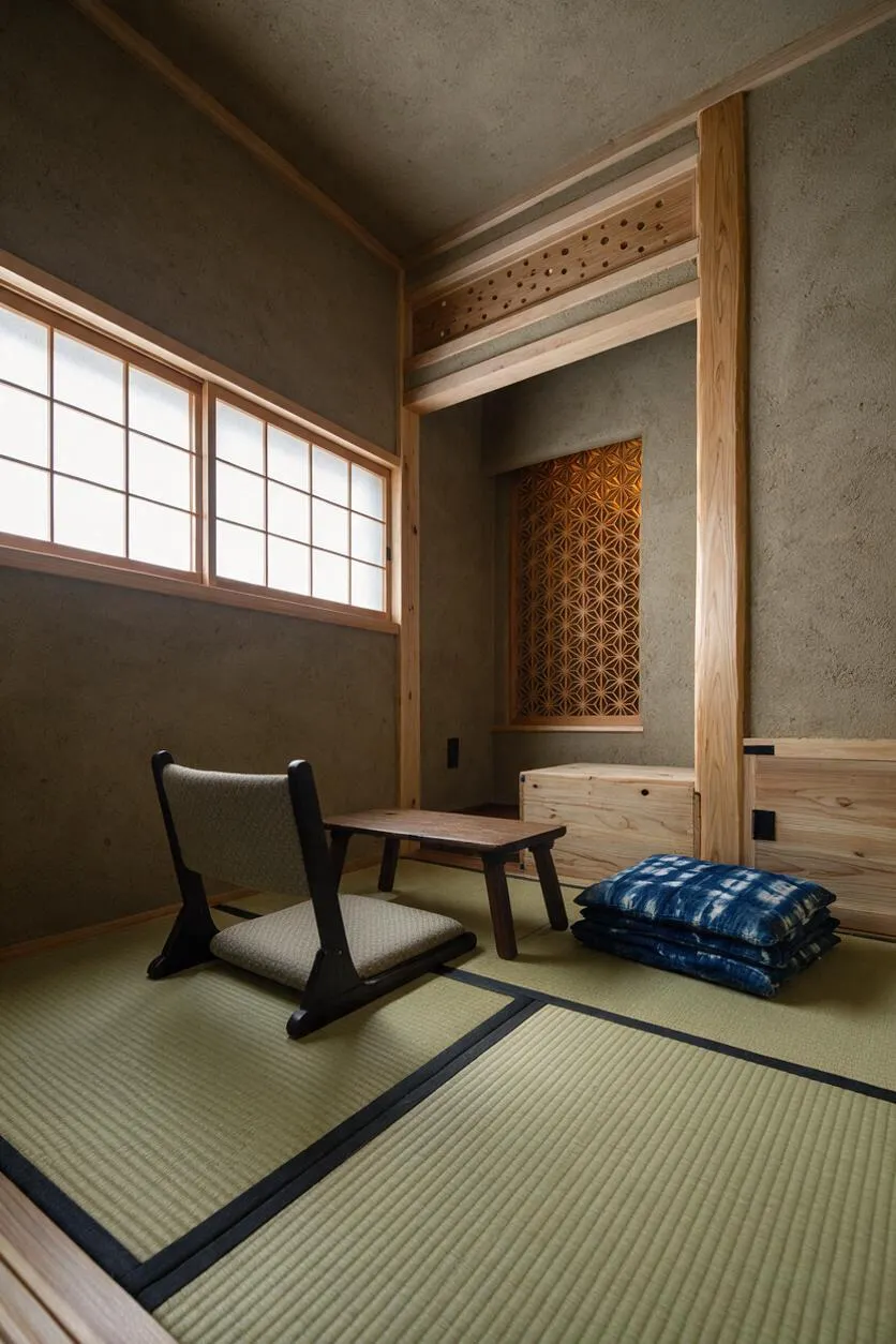A serene basement room in Japanese Zen style featuring tatami mat flooring, a low wooden table, a floor chair with black frame and beige cushion, and folded blue cushions. Soft shoji-style window panels bring in diffused light, while natural wood beams, a textured earth-toned wall, and a decorative alcove create a calm, minimalist atmosphere.