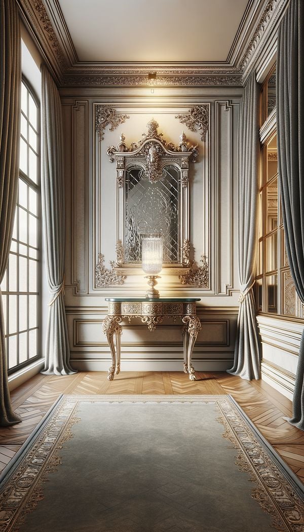 a large, ornate pier glass set into a wall panel above a complementary pier table, placed between two large windows in an elegantly designed drawing room.