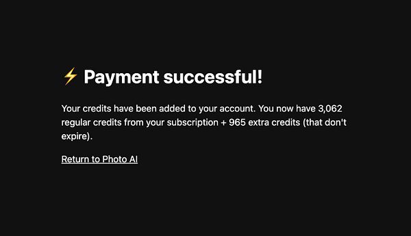 A payment confirmation message indicating successful credit addition to an account.