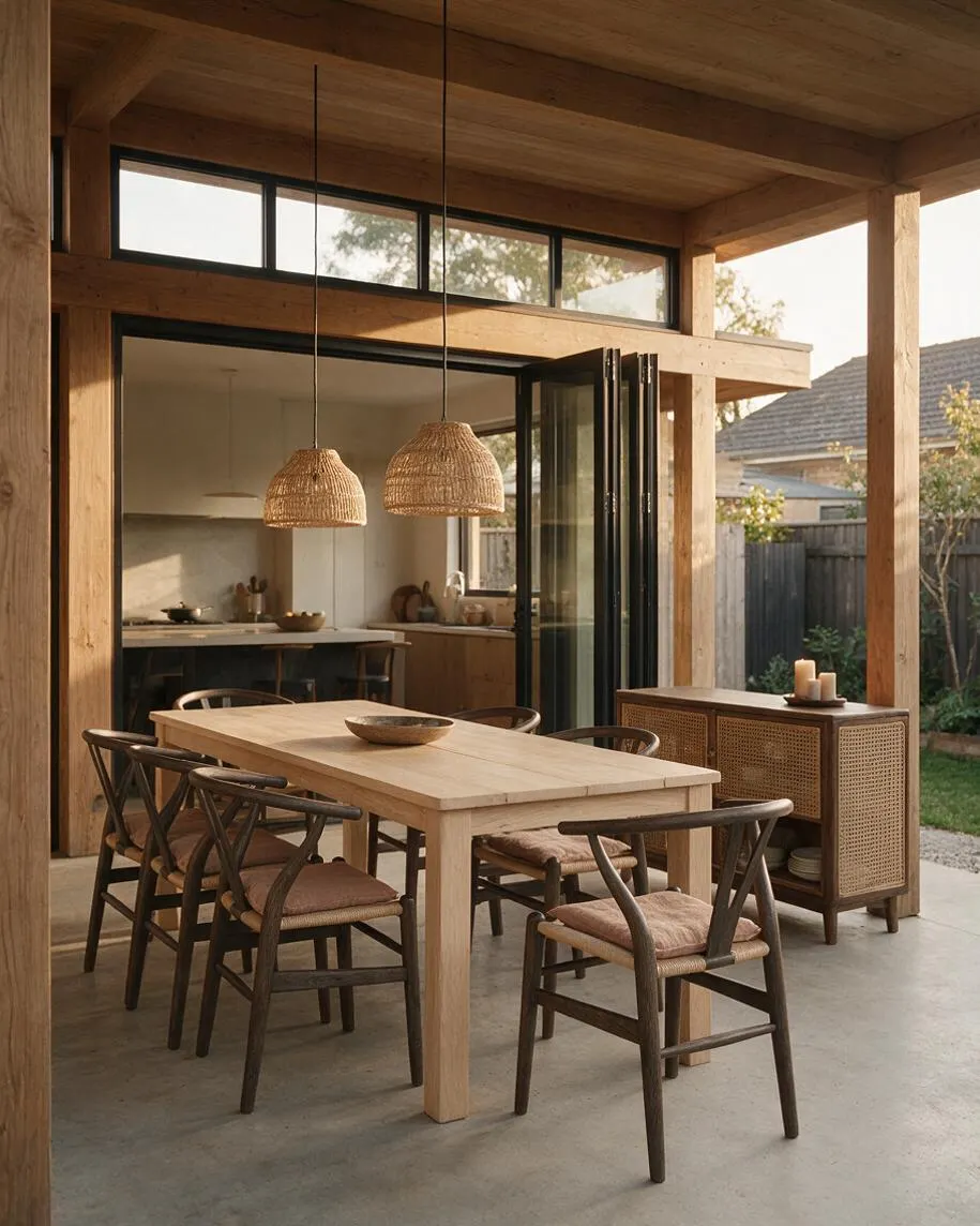 A covered backyard dining area in Japandi style with a light wood table, dark wood chairs with woven seats, and two woven pendant lights hanging overhead. Large black-framed folding glass doors open to a simple kitchen and a calm garden beyond.
