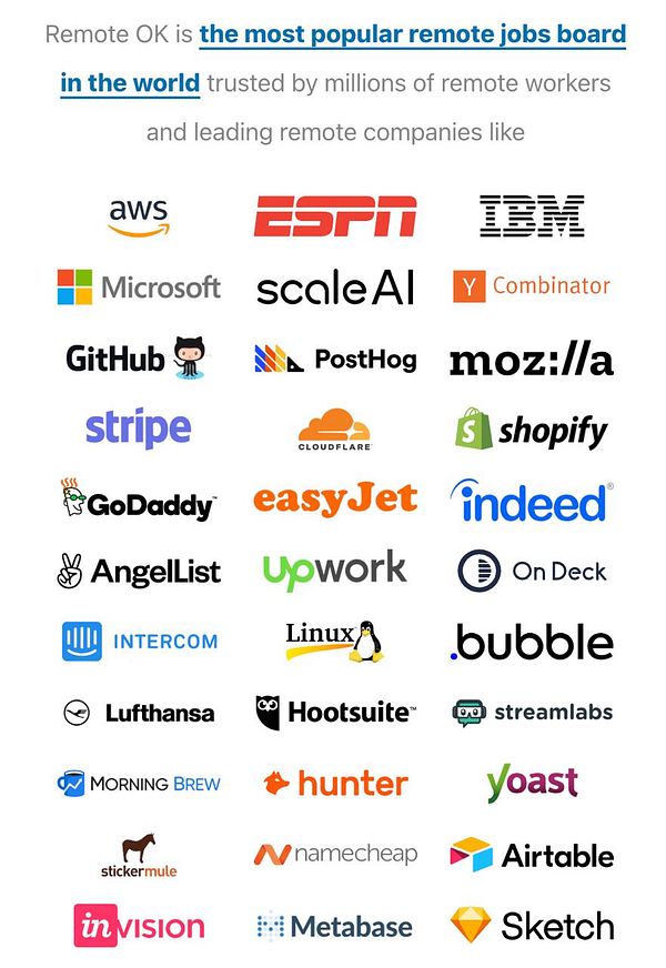 A screenshot of the Remote OK website showing a list of job postings and filtering options.