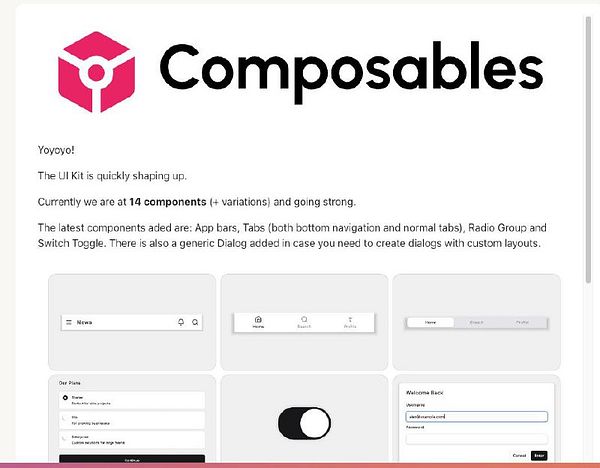 The image features a UI Kit update for a project called Composables, showcasing various UI components.