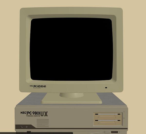 A 3D rendering of a vintage personal computer setup featuring a monitor and a computer tower.