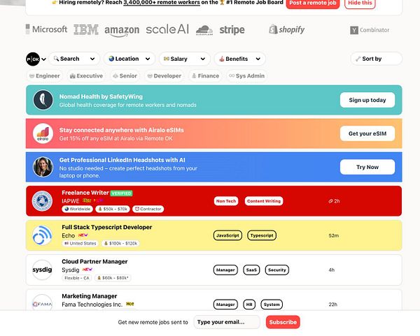 The image displays a job board interface featuring various remote job listings.