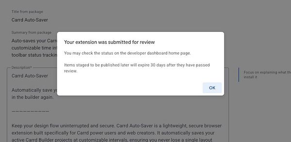 Screenshot of a Chrome Web Store developer dashboard page showing the submission details and controls for the Carrd Auto-Save extension.