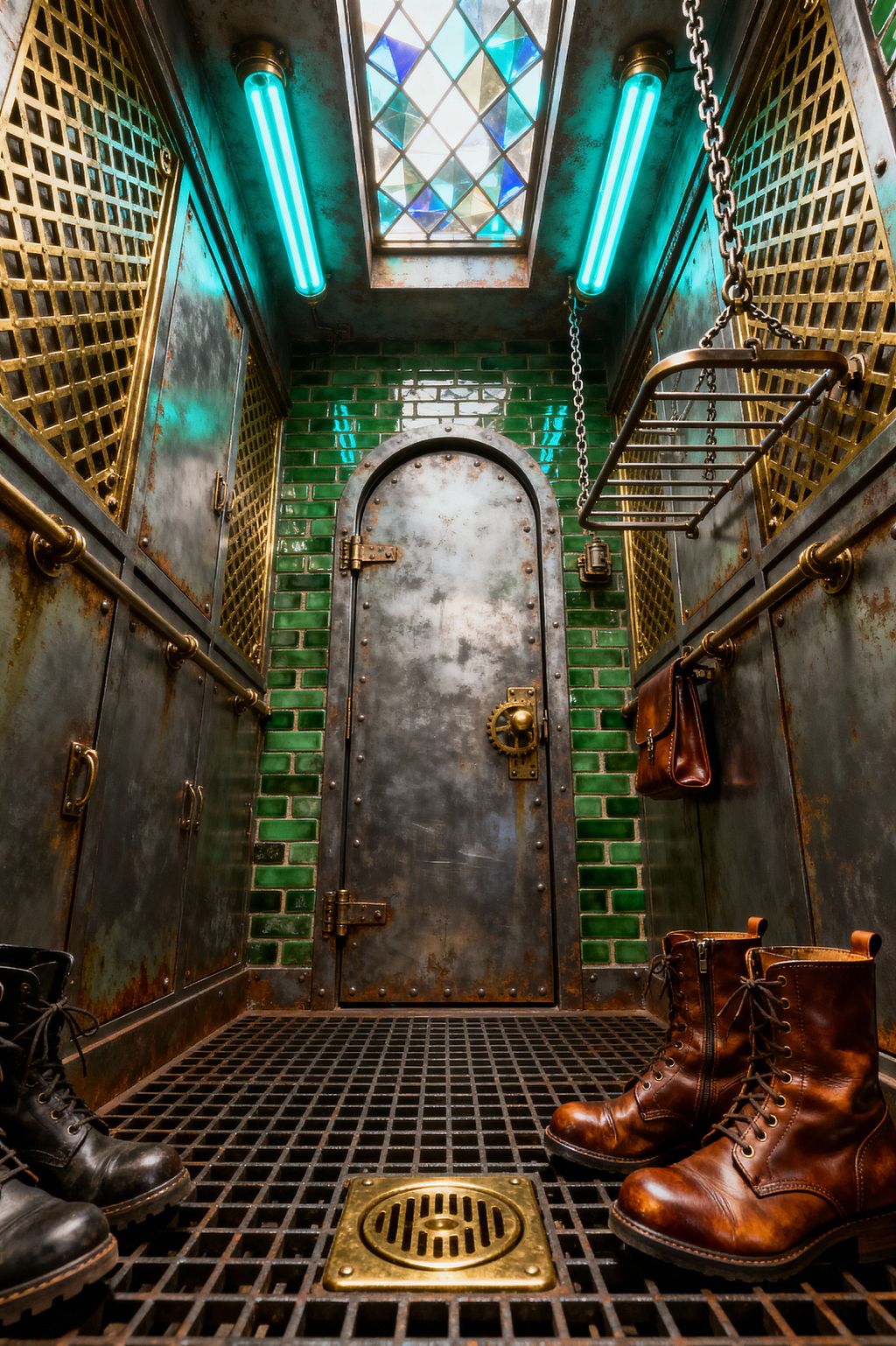 A compact steampunk mudroom features patinated steel cabinetry with brass lattice panels and pipe rails, centered on an arched, riveted steel door set against glossy emerald subway tiles. A black metal grate floor with a brass drain holds rugged boots, while a chain-suspended drying rack and teal tube lights sit below a diamond-pattern stained-glass skylight, creating a cool industrial glow with worn metal and leather accents.