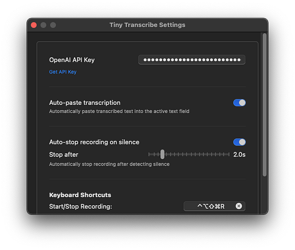 The image displays the settings interface for a MacOS app called Tiny Transcribe.