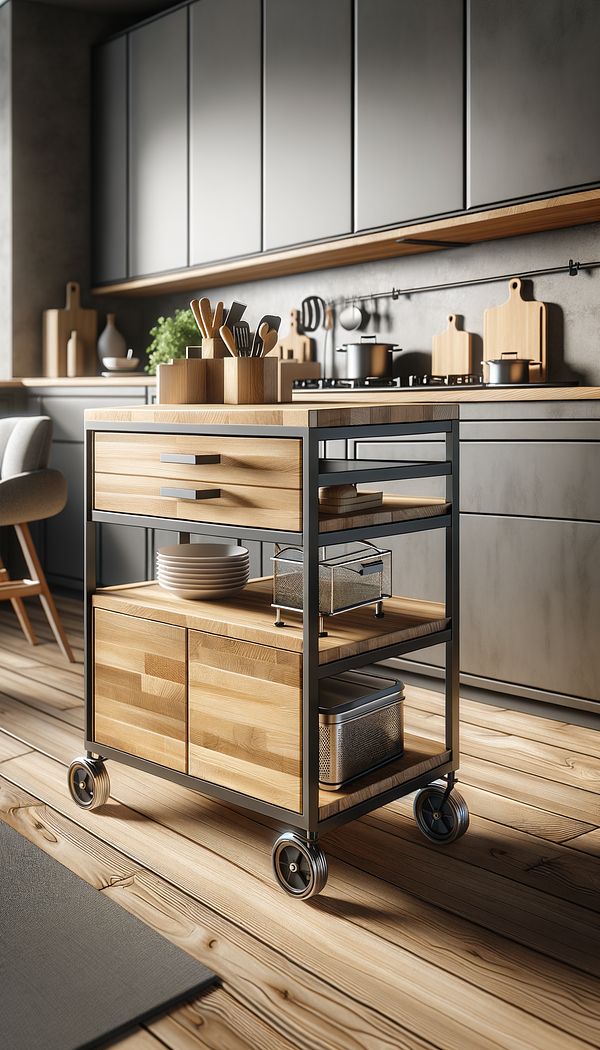 A stylish kitchen cart with wheels, featuring storage shelves, a drawer, and a thick wooden top surface, positioned in a modern kitchen.