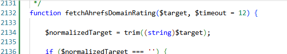 Screenshot of a code editor with Python code implementing a data fetcher from Ahrefs API.