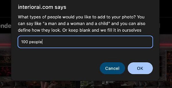 A user interface prompt for adding people to a photo on interiorai.com.