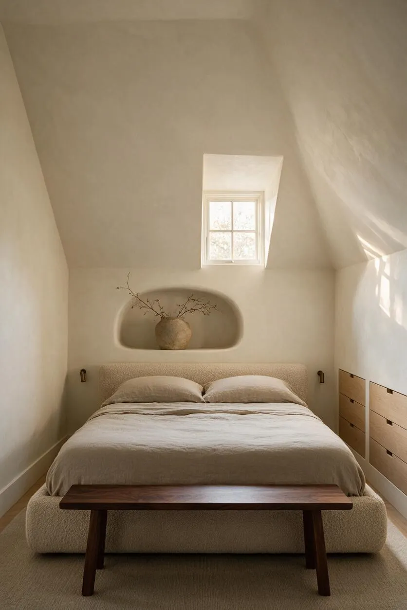 A minimalist master bedroom with sloped white ceilings, a small skylight, and a soft neutral palette. The bed features textured cream upholstery and light linen bedding, with a dark wood bench at the foot and a built-in niche holding a vase with branches.