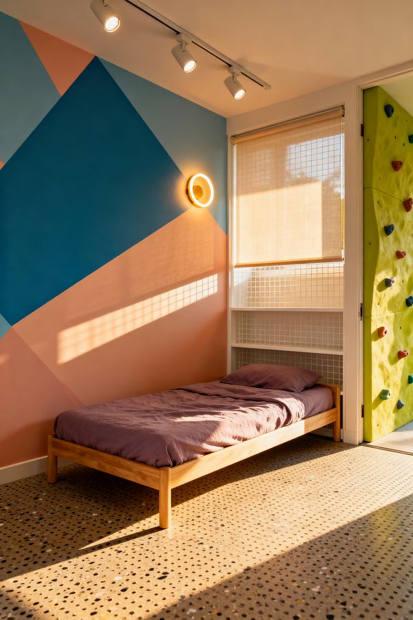 A sunlit modern kids' room features a low oak bed with lavender bedding against a geometric mural in deep teal and soft peach. Warm LED ring sconce, white track lights, and terrazzo flooring set a clean backdrop, while a window with a beige roller shade and white grid shelving sits beside a lime-green climbing wall with colorful holds, blending rest and play.
