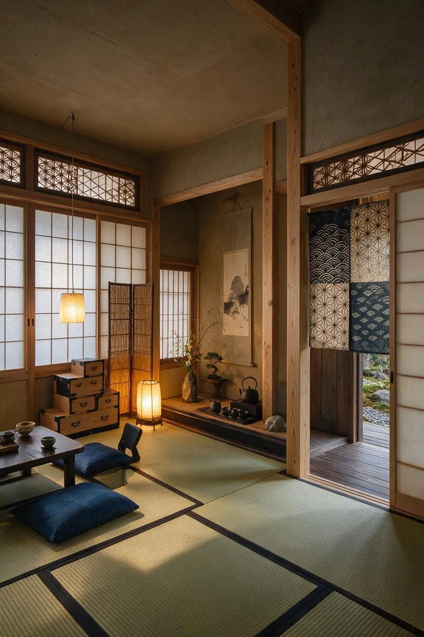A serene Japanese-style studio apartment with tatami mat flooring, shoji screens, and warm lantern lighting. Low seating with floor cushions and a small tea table sits beside wooden storage boxes, a bamboo screen, and a tokonoma alcove with art and floral arrangement.