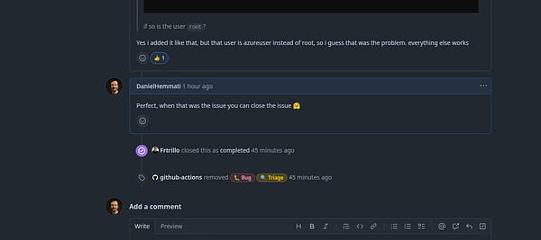 A conversation thread on a task management platform discussing the resolution of a technical issue.