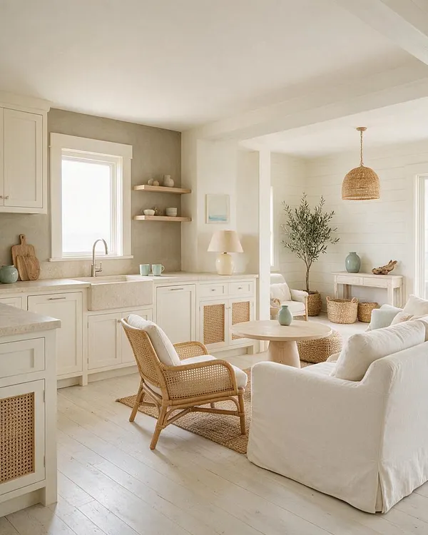 A bright coastal studio apartment with an open kitchen and living area in soft neutral tones. White cabinetry, woven cane cabinet fronts, rattan chairs, a slipcovered sofa, and natural wood accents create a relaxed, airy feel.