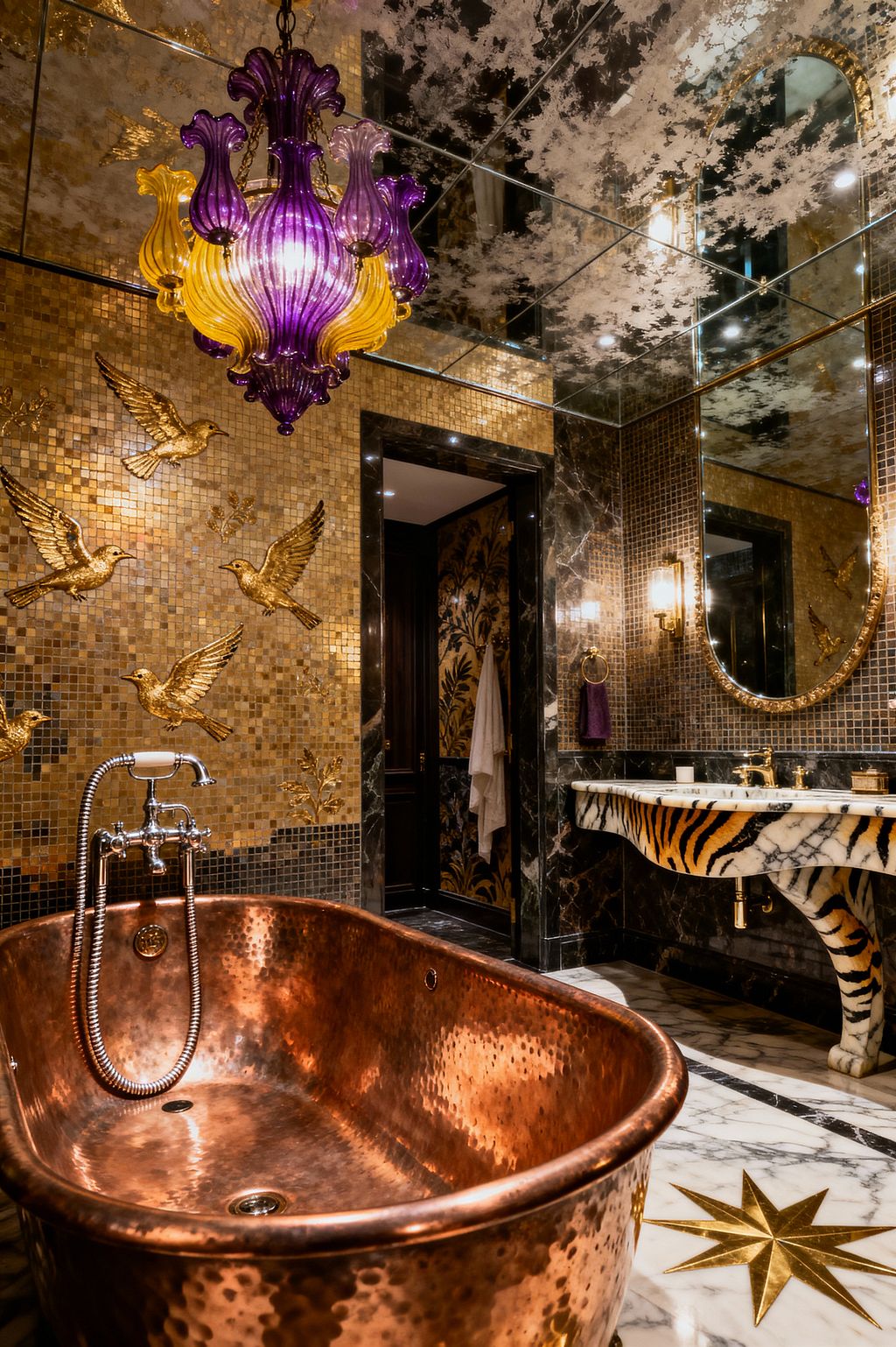 A lavish bathroom features a hammered copper freestanding tub, gold mosaic walls with raised bird motifs, and a curving white marble vanity patterned like a tiger. A purple and amber glass chandelier reflects in antiqued mirrored ceiling panels above black marble surrounds and a veined marble floor with a brass star inlay, while brass fixtures and sconces add warm light.