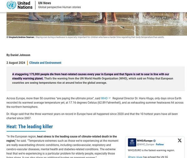 The image features a news article discussing the rising heat-related deaths in Europe compared to gun-related deaths in the U.S.