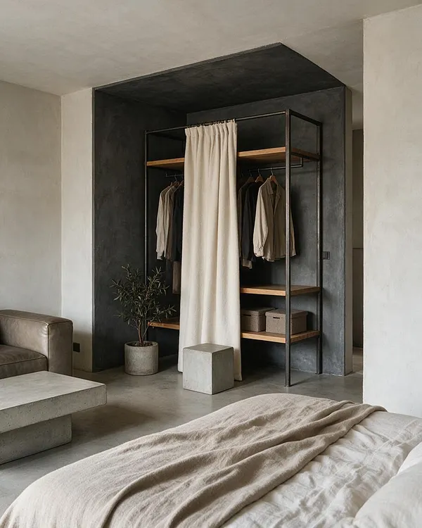 A minimalist closet nook framed by dark plaster walls and a black metal clothing rack with light wood shelves. A cream linen curtain hangs in the center, partially covering neutral-toned hanging clothes and storage boxes, while a concrete cube stool and potted plant sit on the floor nearby.