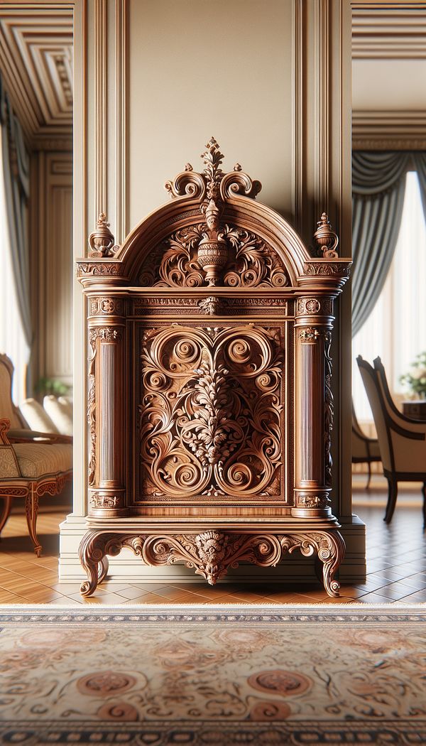 A beautifully carved wooden cabinet with a bonnet top displaying ornate scrollwork and finials, standing in an elegantly furnished room.