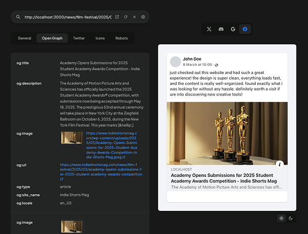 The image displays a web interface showcasing an Open Graph implementation for an article about the 2025 Student Academy Awards Competition.