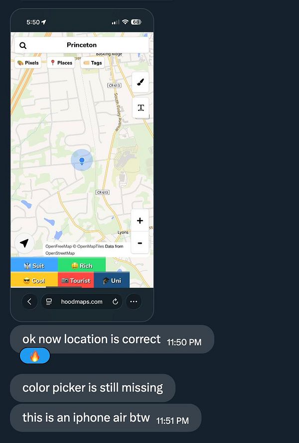 Screenshot of a mobile map application showing Princeton with UI elements and a chat discussing bug fixes.