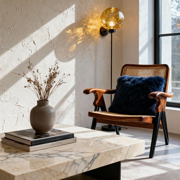 A sunlit mid-century modern living room corner featuring a walnut-and-cane lounge chair with a deep navy, shaggy pillow beside a slender black floor lamp with an amber glass globe casting warm patterns across a textured off-white plaster wall. In the foreground, a low rectangular marble coffee table with gray veining displays stacked books and a small matte ceramic vase with dried stems, set on a light rug near a large black-framed window.