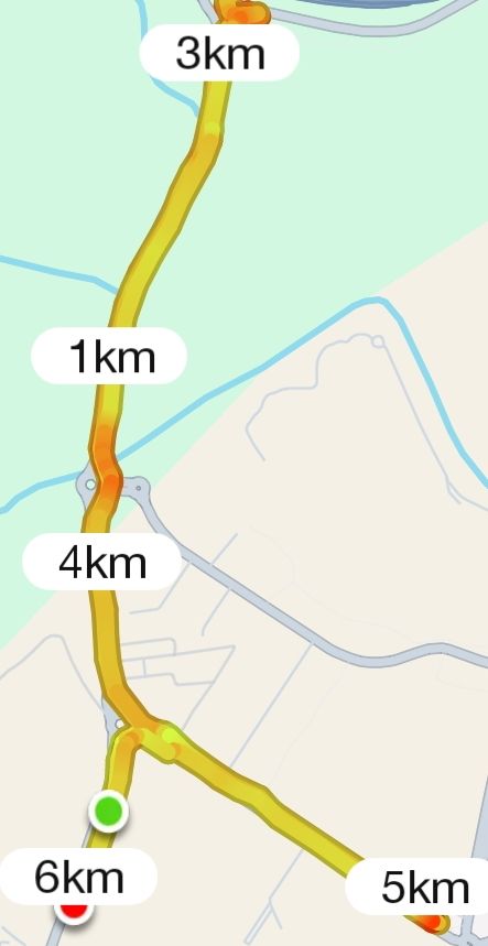 A map displaying a running route with distance markers.