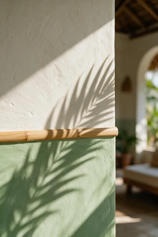 A sunlit tropical interior wall with a textured off-white upper section and soft sage-green lower section divided by a horizontal bamboo trim. Palm leaf shadows fall across the wall, with a blurred arched opening and natural furnishings in the background.