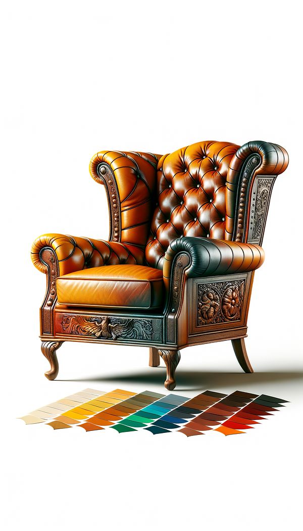 a stylish leather armchair made from pull-up leather, showcasing the leather's unique characteristic of changing color in areas where it is stretched or pulled