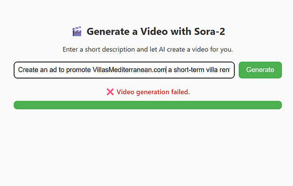 The interface for the Sora-2 video generation tool displays a failed video generation attempt.