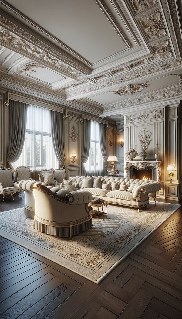 An elegant, spacious living room designed in the Continental style, featuring ornate furniture, luxurious fabrics, and detailed architectural elements like moldings and a grand fireplace.