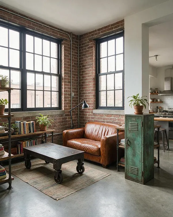 A bright industrial-style sunroom with exposed red brick walls, black metal-framed windows, and a worn brown leather sofa. The room includes a low metal coffee table on wheels, a distressed green locker cabinet, open shelving with books and plants, and a concrete floor softened by a muted area rug.
