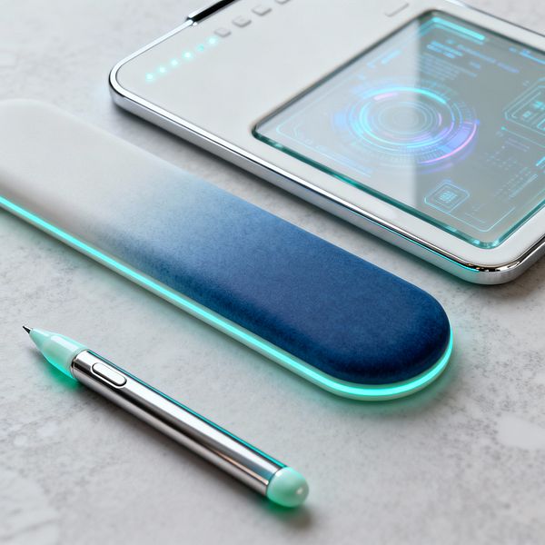 Close-up of a chrome-edged glass tablet on a light gray stone desktop, its screen displaying a holographic interface in cyan and magenta. Next to it are a metallic stylus with mint tips and an elongated wrist rest upholstered in a white-to-navy gradient fabric, both trimmed with a mint LED glow, creating a cool, minimal, high-tech home office aesthetic with precise, luminous details.