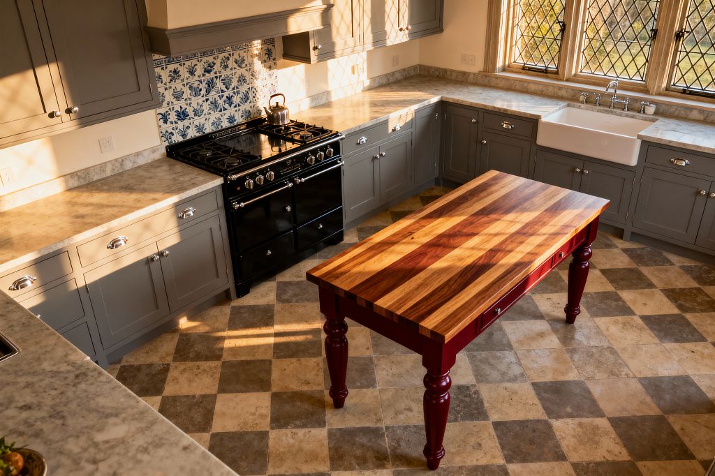 An overhead view of a traditional kitchen with U-shaped gray Shaker cabinets and light marble countertops. A glossy black range sits beneath a blue-and-white Delft tile backsplash, while a large white farmhouse sink is centered under leaded casement windows. A freestanding burgundy worktable with a butcher-block top stands on a beige and taupe checkerboard stone floor, lit by warm afternoon sun.