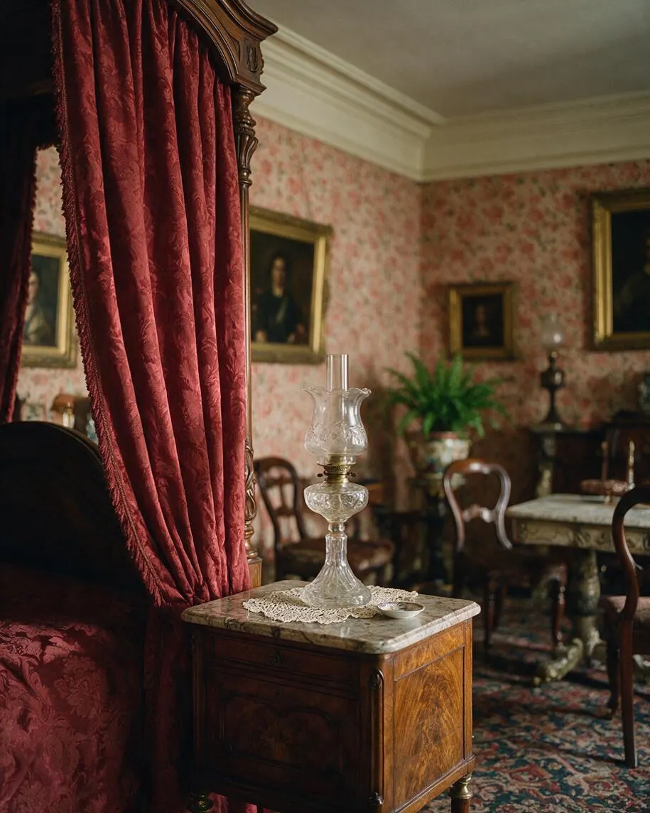A Victorian-style sitting room vignette featuring a carved wooden canopy bed or chair frame at left with heavy crimson damask drapery, a small wood side table with a marble top in the foreground, and a clear glass oil lamp on a lace doily. Floral wallpaper, gilt-framed portraits, curved wooden chairs, and a richly patterned rug complete the ornate, dimly lit room.