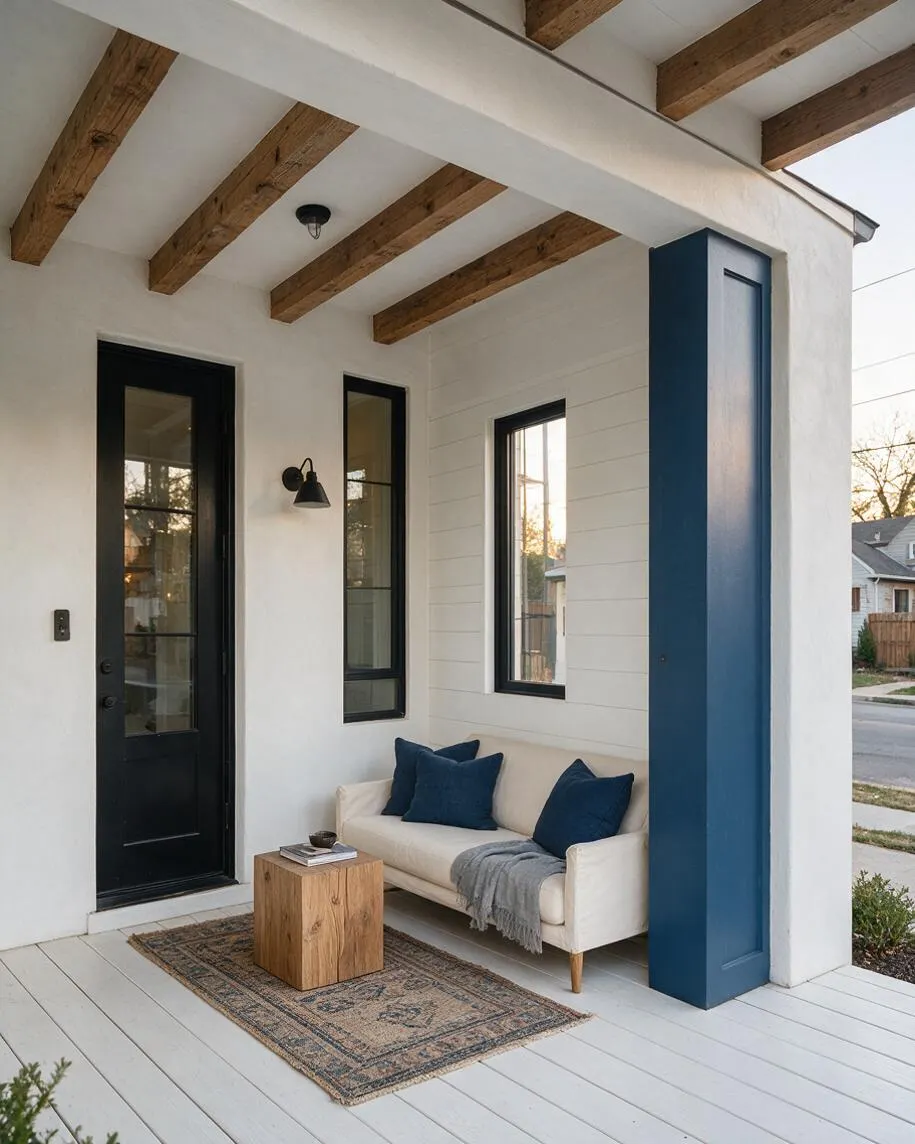 A covered front porch with white painted walls and ceiling, exposed natural wood beams, a black glass-paneled front door, and narrow matching black-trimmed windows. A cream outdoor sofa with navy pillows sits beside a wood cube table and patterned rug, with a tall navy accent panel adding contrast.