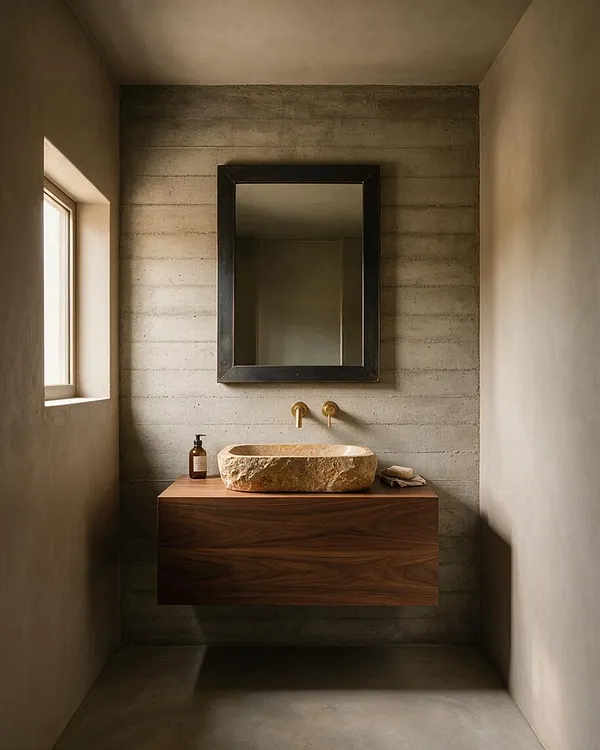 A narrow powder room with smooth concrete-like walls and a ribbed concrete accent wall behind a floating walnut vanity. A rough carved stone vessel sink sits beneath a large dark-framed mirror, with brass wall-mounted faucets and a small window bringing in soft natural light.