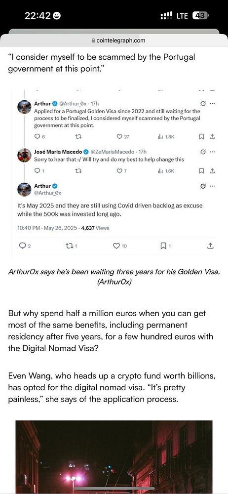 A Twitter conversation highlights frustrations regarding the Portugal Golden Visa process and discusses alternatives like the Digital Nomad Visa.