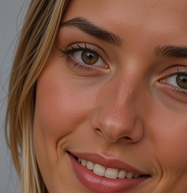 A close-up portrait of a smiling woman with striking green eyes.