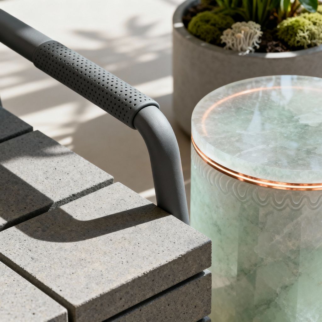 A close-up of a contemporary patio shows a seat made from speckled concrete pavers and a matte gray tubular armrest with a perforated grip beside a cylindrical green onyx side table edged by a slim copper band that emits a subtle LED glow. In the background, a round concrete planter holds moss and small succulents as sunlight casts crisp shadows across a pale floor, highlighting the contrast between cool stone, warm metal, and soft greenery.