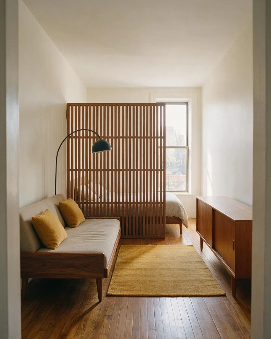 A narrow studio apartment styled in mid-century modern design, featuring a walnut sofa with beige upholstery and mustard pillows on the left, a matching wood cabinet on the right, and a low bed behind a vertical slatted wood room divider. A black arched floor lamp adds contrast, while white walls, a yellow rug, and warm wood floors create a bright, airy feel.