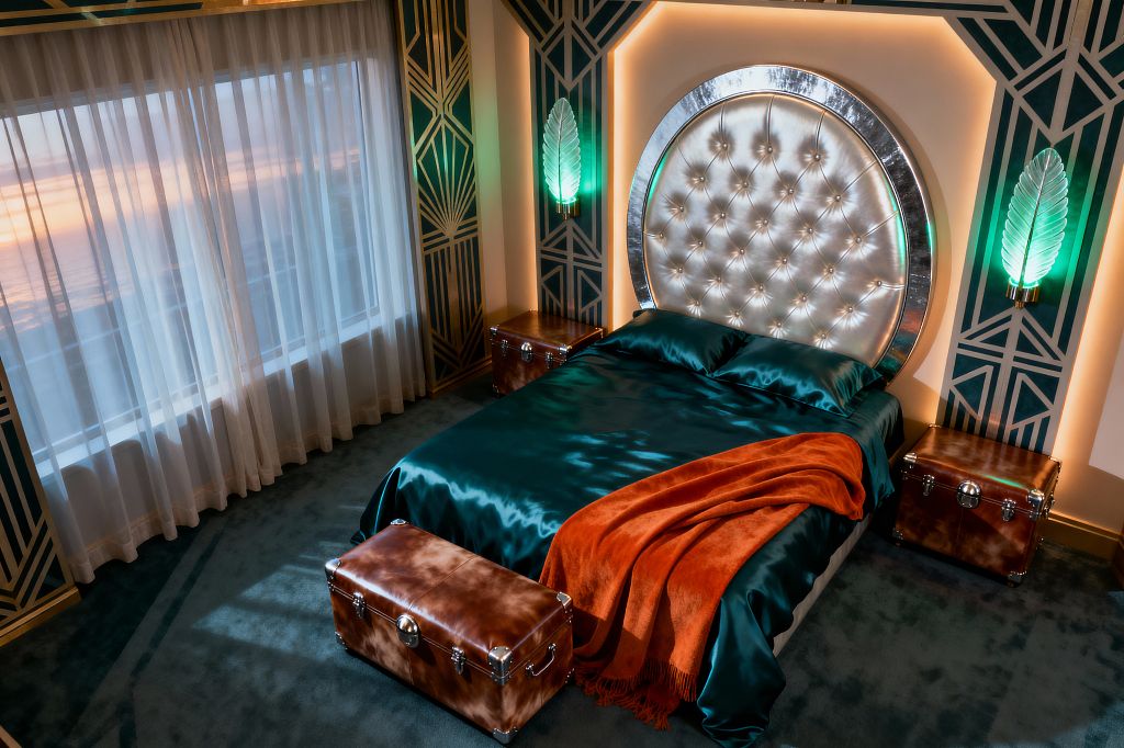 A glamorous Art Deco bedroom with emerald satin bedding and a burnt-orange throw is set against a circular, pearl-tufted headboard framed in polished chrome. Teal wall panels with gold geometric inlays surround a warm backlit niche and two green glass leaf sconces, while leather travel trunks act as nightstands and a bench; plush teal carpet and sheer white curtains soften sunset light from a large window.