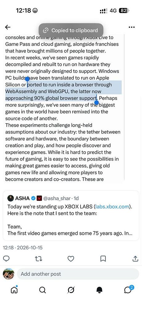 Screenshot of a Twitter thread discussing the running of games via WebAssembly and WebGPU in browsers and the announcement of Xbox Labs.